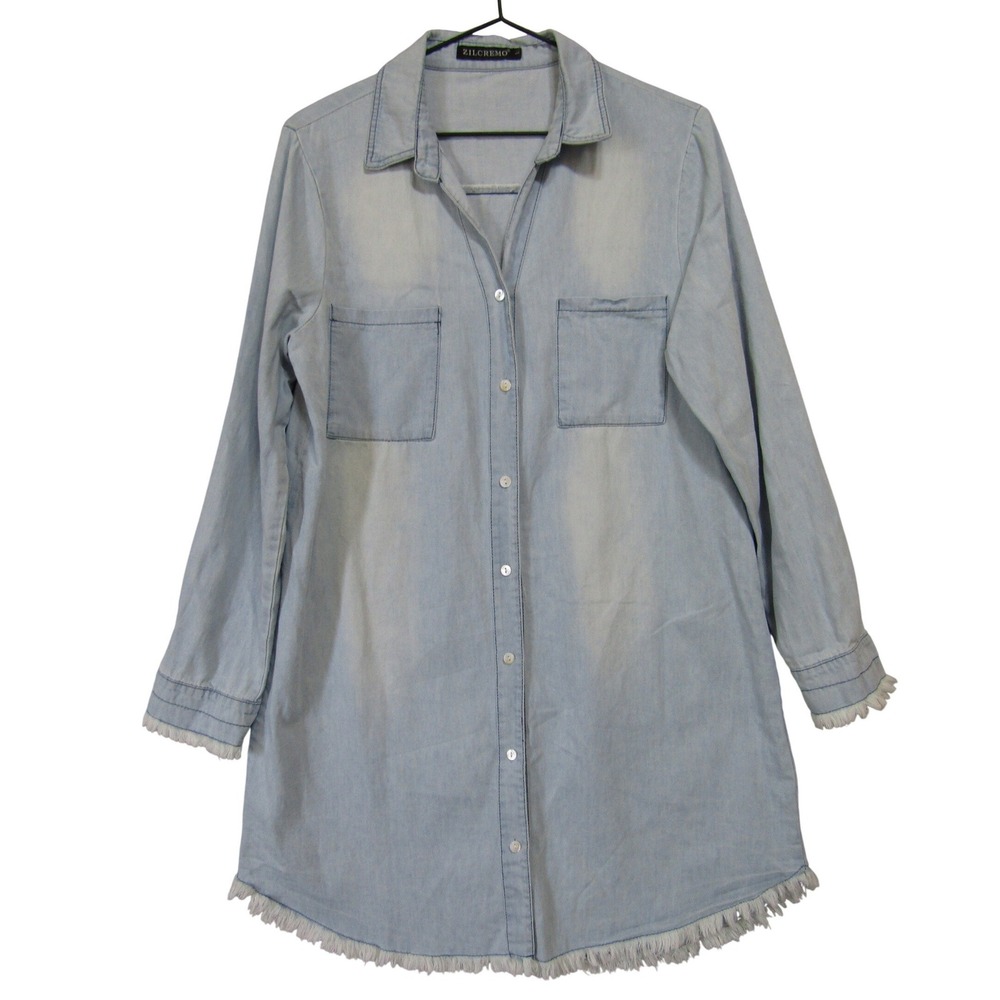 ZILCREMO Denim Shirt Tunic Women L Light Blue Good Frayed Raw‎ Hem Long Sleeve